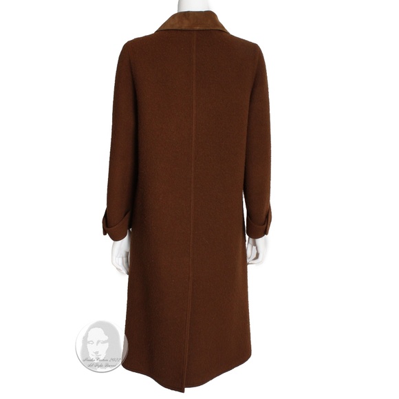Hermes Brown Double Breasted Suede Leather Trim Trench Style Wool Coat, 1970s - Picture 9 of 11